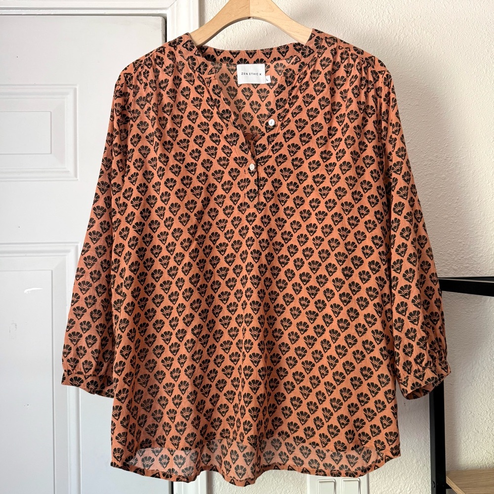 ZEN ETHIC‎ rust black tribal floral semi sheer cotton long sleeve blouse shirt